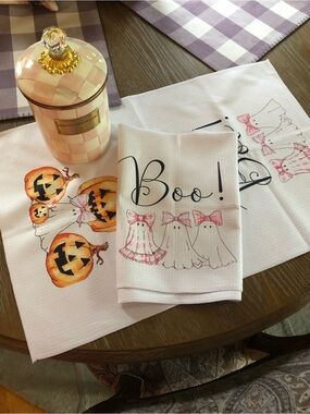Halloween 'Boo!' Ghost & Pumpkin Decorative Kitchen Towels - White